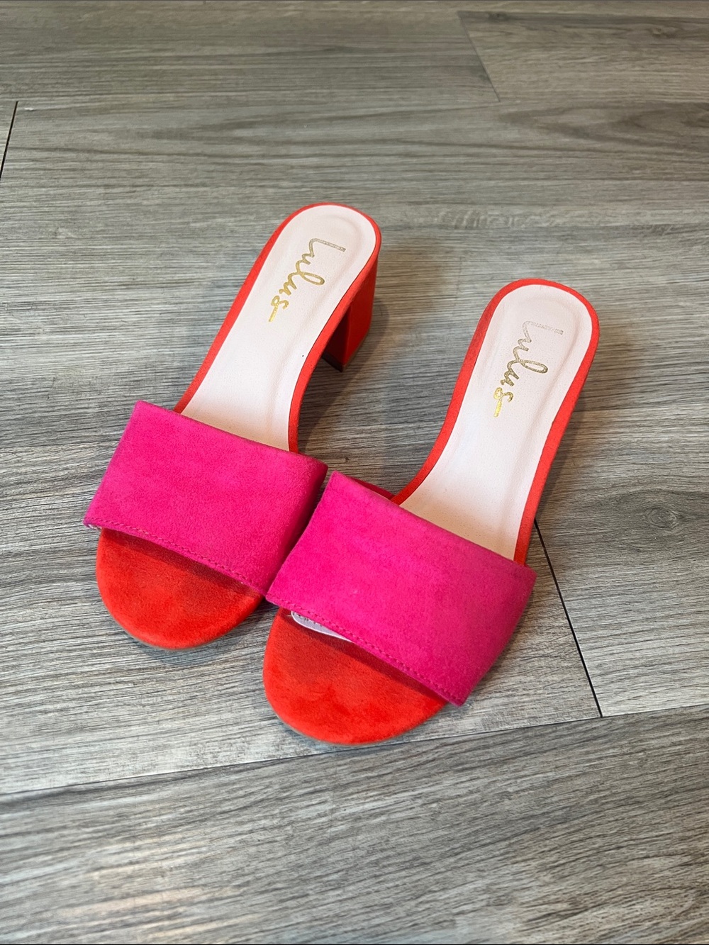 Lulu's Hot Pink & Red Suede Block Heel Slides